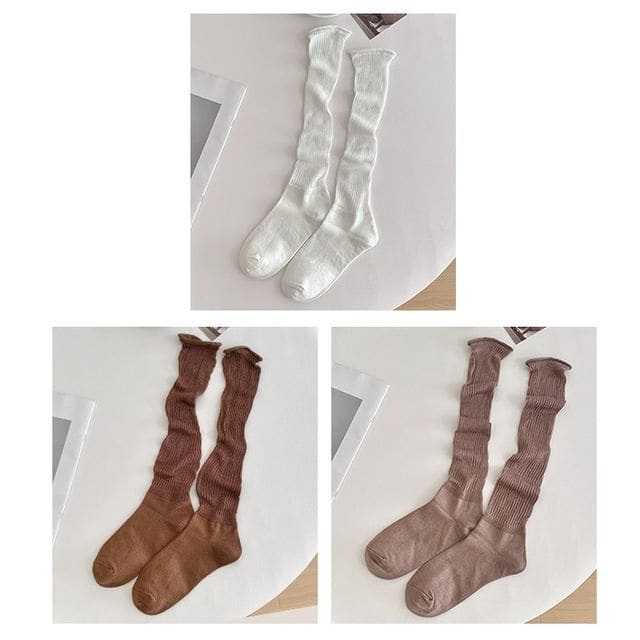 Set of 2 Pairs: Plain Ribbed Shirred Tall Socks - 3 Pairs