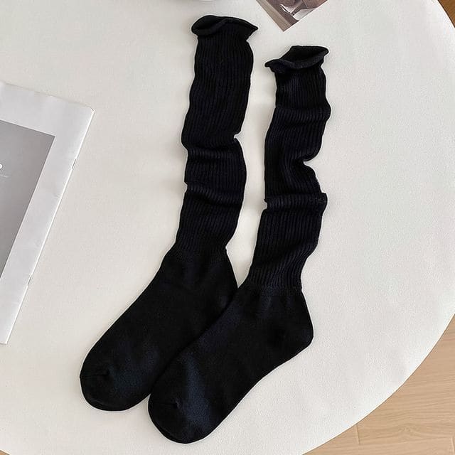 Set of 2 Pairs: Plain Ribbed Shirred Tall Socks - 2 Pairs