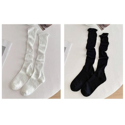 Set of 2 Pairs: Plain Ribbed Shirred Tall Socks - 2 Pairs