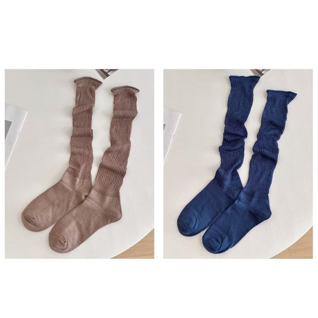 Set of 2 Pairs: Plain Ribbed Shirred Tall Socks - 2 Pairs