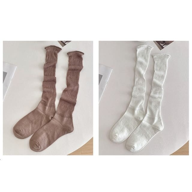 Set of 2 Pairs: Plain Ribbed Shirred Tall Socks - 2 Pairs