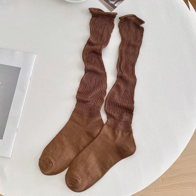 Set of 2 Pairs: Plain Ribbed Shirred Tall Socks - 2 Pairs