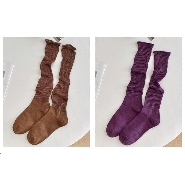 Set of 2 Pairs: Plain Ribbed Shirred Tall Socks - 2 Pairs