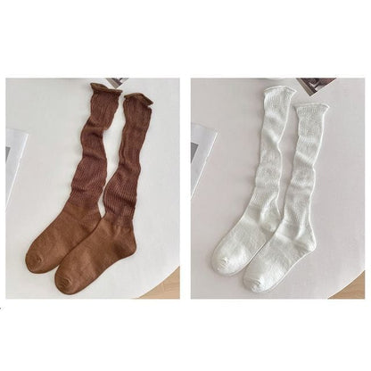 Set of 2 Pairs: Plain Ribbed Shirred Tall Socks - 2 Pairs