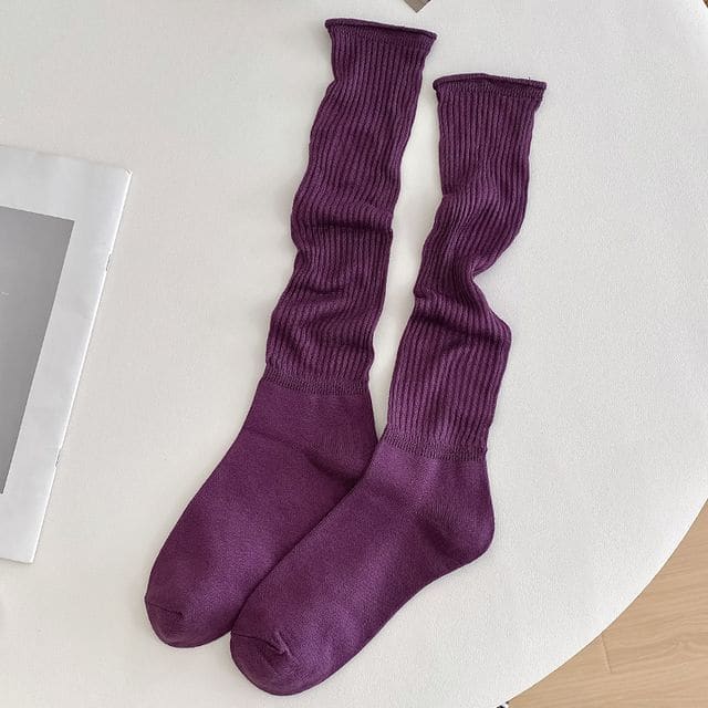 Set of 2 Pairs: Plain Ribbed Shirred Tall Socks - 2 Pairs