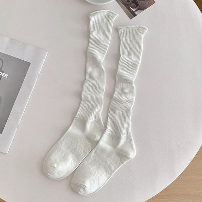 Set of 2 Pairs: Plain Ribbed Shirred Tall Socks - 2 Pairs