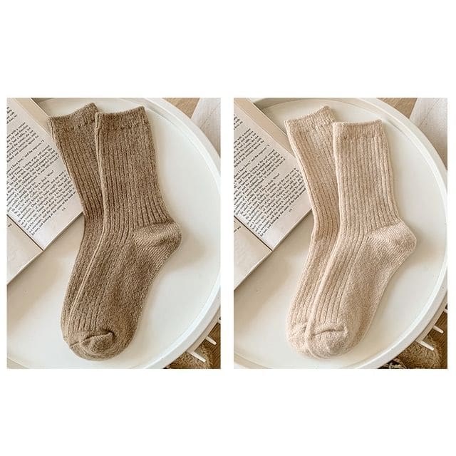 Set of 2 Pairs: Plain Ribbed Socks - Set of 2 Pairs - Camel