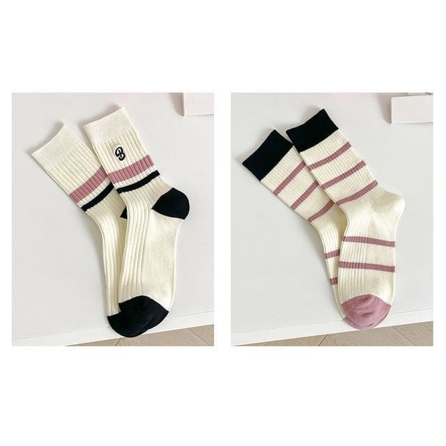 Set of 2 Pairs: Printed Ribbed Socks - 04 - Set Of 2 Pairs