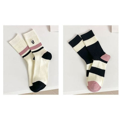 Set of 2 Pairs: Printed Ribbed Socks - 06 - Set Of 2 Pairs