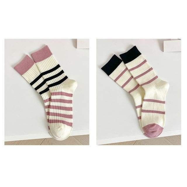 Set of 2 Pairs: Printed Ribbed Socks - 13 - Set Of 2 Pairs