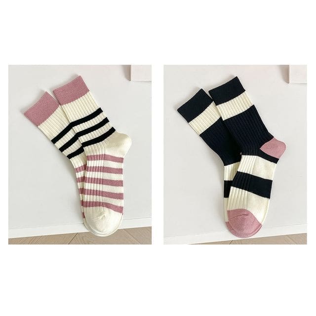 Set of 2 Pairs: Printed Ribbed Socks - 14 - Set Of 2 Pairs