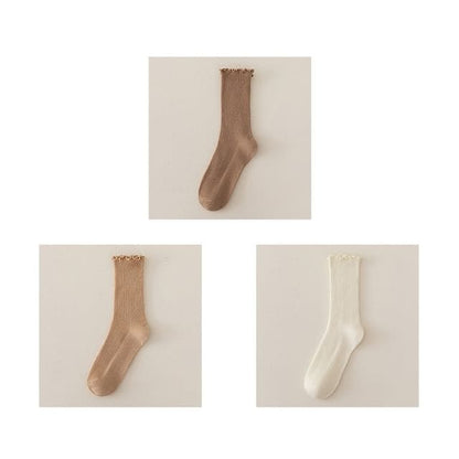 Set of 2 Paris: Plain Ribbed Ruffle Trim Socks - 3 Pair