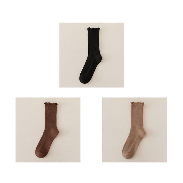 Set of 2 Paris: Plain Ribbed Ruffle Trim Socks - 3 Pair