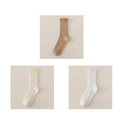 Set of 2 Paris: Plain Ribbed Ruffle Trim Socks - 3 Pair