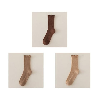 Set of 2 Paris: Plain Ribbed Ruffle Trim Socks - 3 Pair