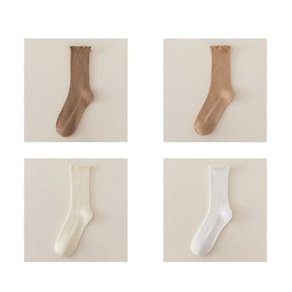 Set of 2 Paris: Plain Ribbed Ruffle Trim Socks - 4 Pair