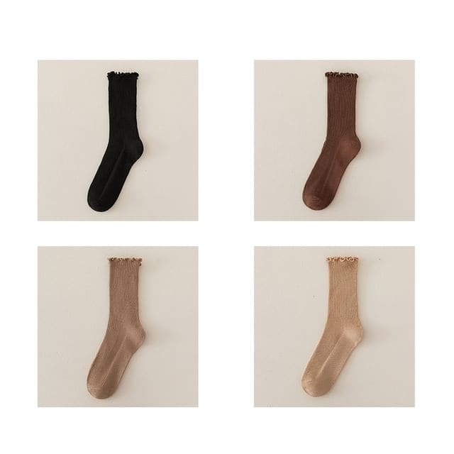 Set of 2 Paris: Plain Ribbed Ruffle Trim Socks - 4 Pair