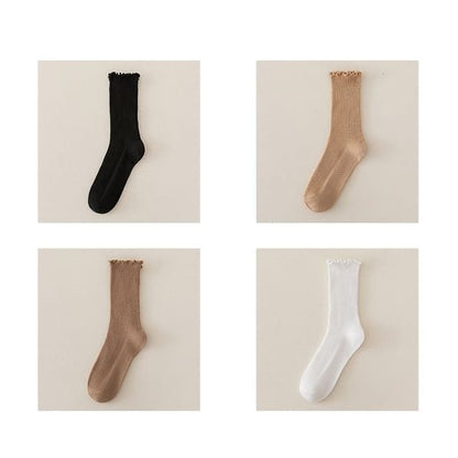 Set of 2 Paris: Plain Ribbed Ruffle Trim Socks - 4 Pair