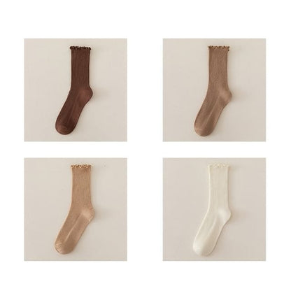 Set of 2 Paris: Plain Ribbed Ruffle Trim Socks - 4 Pair