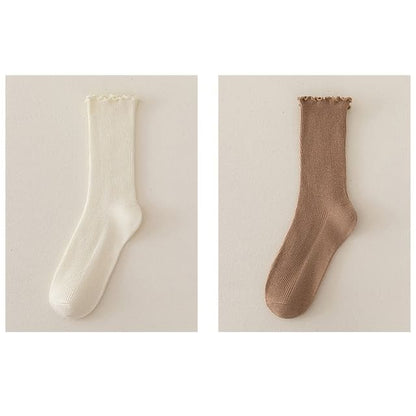 Set of 2 Paris: Plain Ribbed Ruffle Trim Socks - 2 Pair