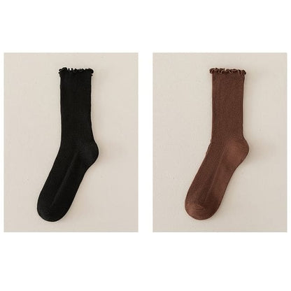 Set of 2 Paris: Plain Ribbed Ruffle Trim Socks - 2 Pair