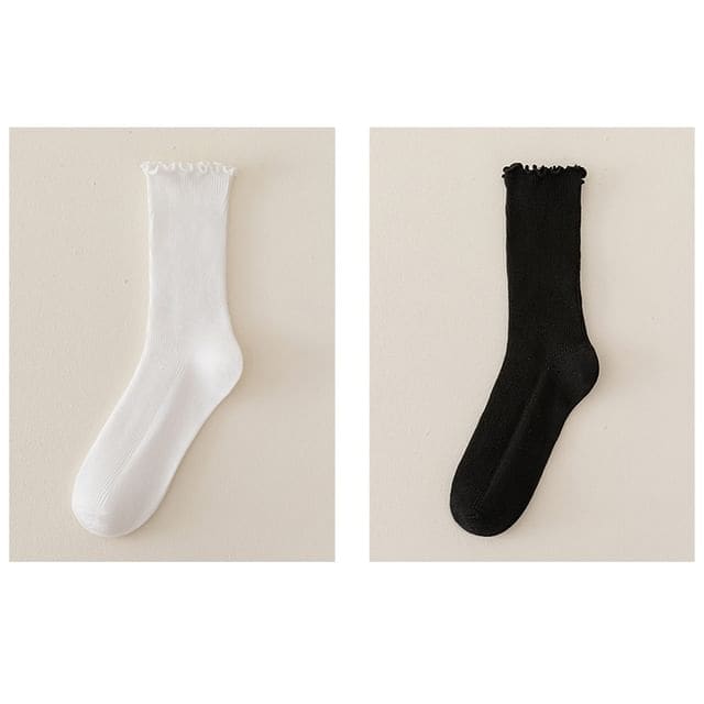 Set of 2 Paris: Plain Ribbed Ruffle Trim Socks - 2 Pair