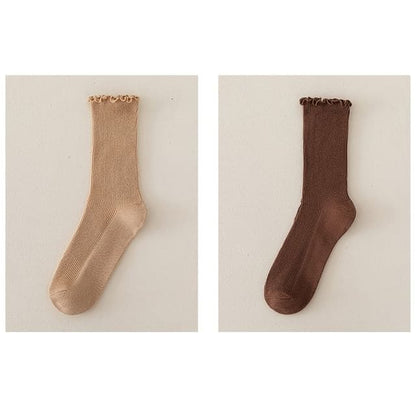 Set of 2 Paris: Plain Ribbed Ruffle Trim Socks - 2 Pair