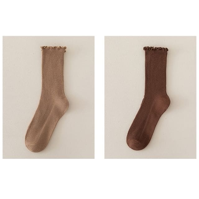 Set of 2 Paris: Plain Ribbed Ruffle Trim Socks - 2 Pair