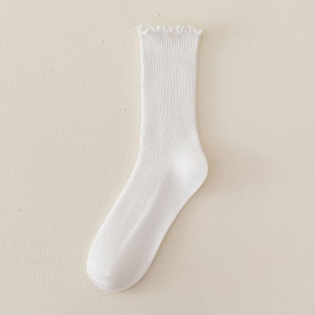 Set of 2 Paris: Plain Ribbed Ruffle Trim Socks - 2 Pair