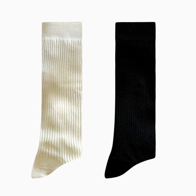 Set Of 2: Plain Ribbed Socks - 2 Pairs - Beige & Black