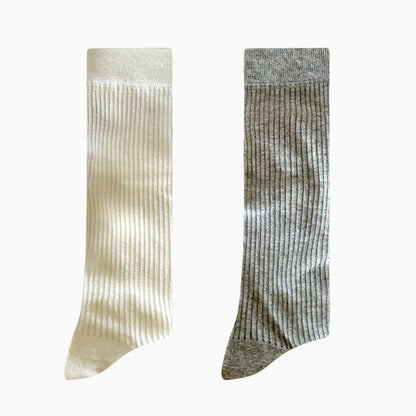 Set Of 2: Plain Ribbed Socks - 2 Pairs - Beige & Gray