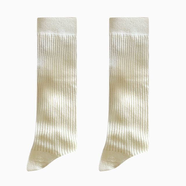 Set Of 2: Plain Ribbed Socks - 2 Pairs - Beige / One Size