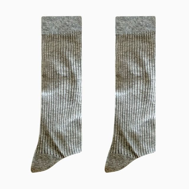 Set Of 2: Plain Ribbed Socks - 2 Pairs - Gray / One Size