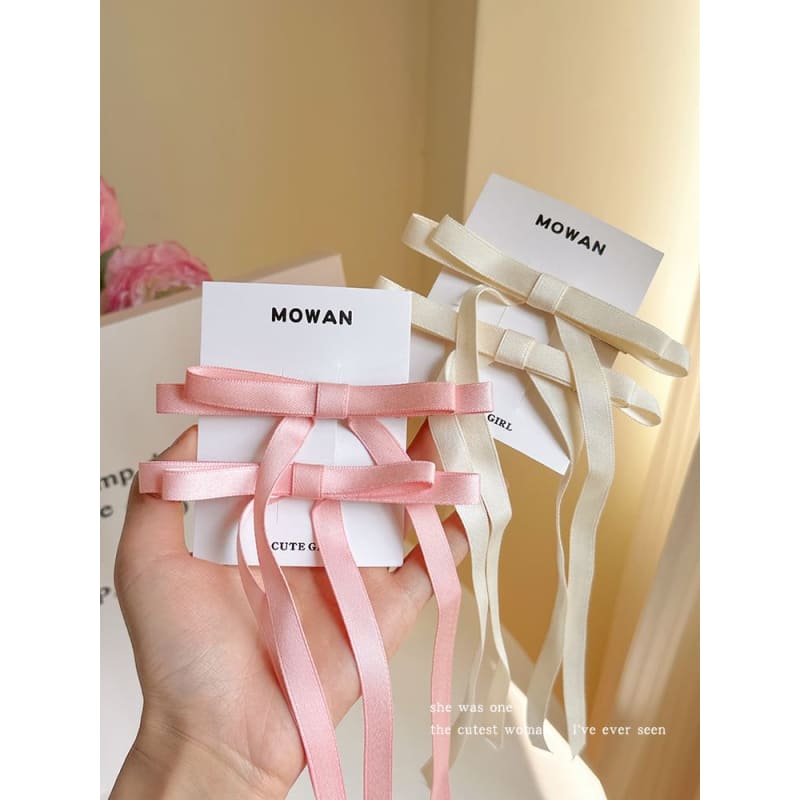 Set of 2: Plain Ribbon Hair Clip - Set of 2 - Pink