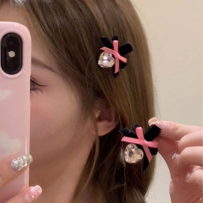 Set of 2: Ribbon Heart Rhinestone Hair Clip