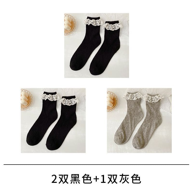 Set of 3: Lace Trim Crew Socks