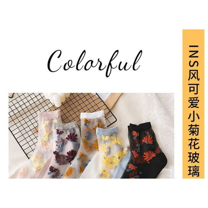 Set Of 3 Pairs: Floral Print Mesh Socks