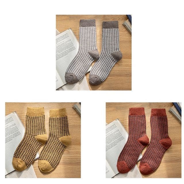 Set of 3 Pairs: Houndstooth Socks - Set of 3 Pairs - Coffee