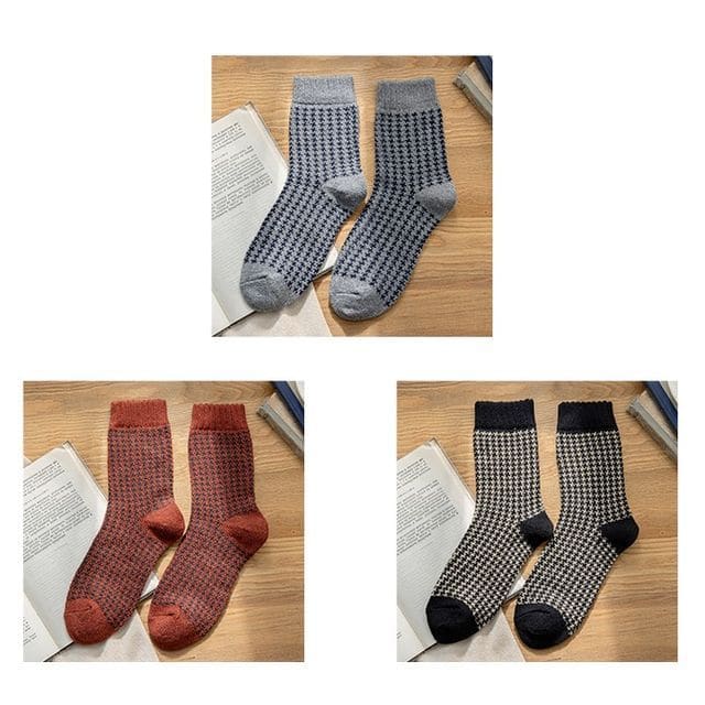 Set of 3 Pairs: Houndstooth Socks - Set of 3 Pairs - Gray &