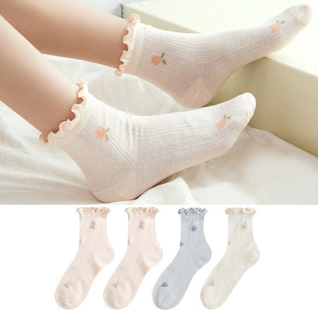 Set of 4 Pairs: Floral Print Lettuce Edge Socks - Set of 4