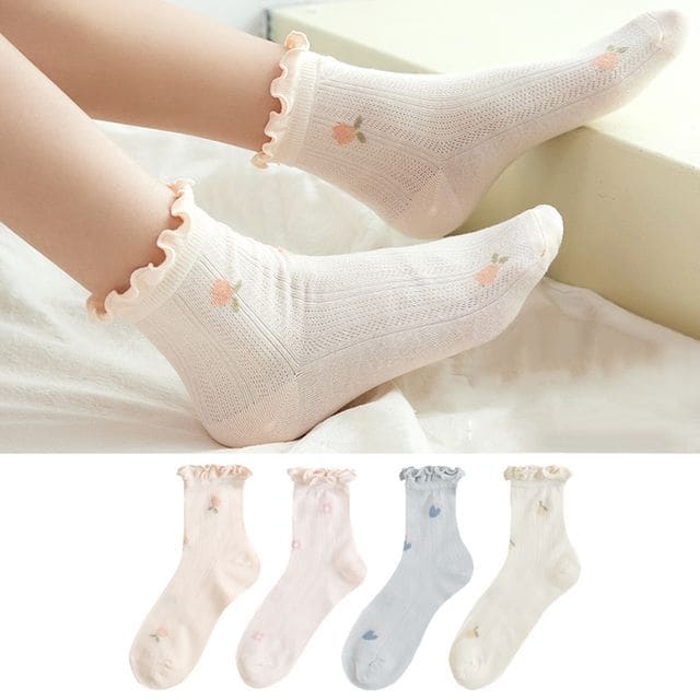 Set of 4 Pairs: Floral Print Lettuce Edge Socks - Set of 4