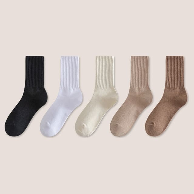 Set of 5: Plain Ribbed Socks - Set Of 5 Pairs - Black &