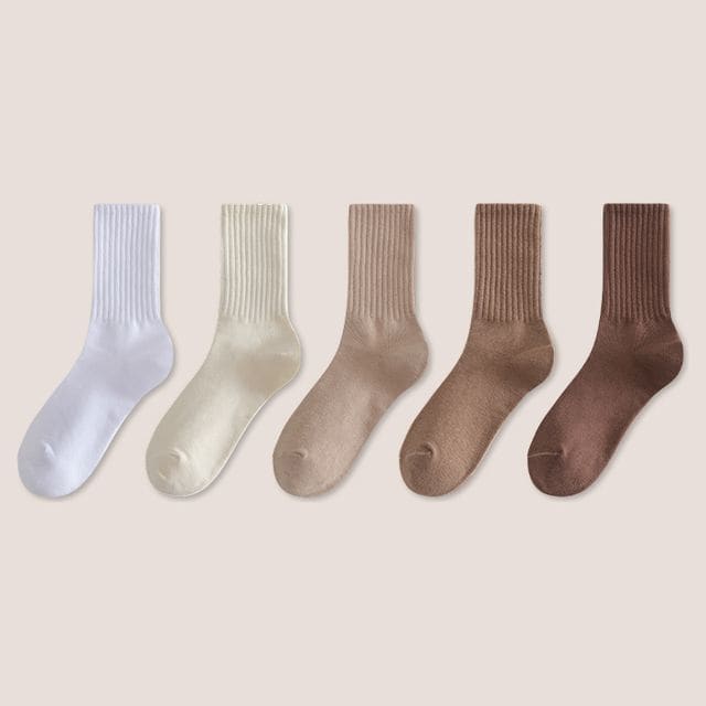 Set of 5: Plain Ribbed Socks - Set Of 5 Pairs - White &