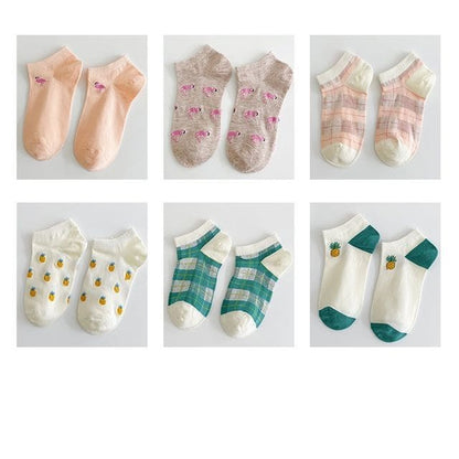 Set Of 6 Pairs: Jacquard Socks - 6 Pairs - Flamingo &