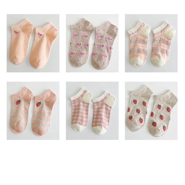 Set Of 6 Pairs: Jacquard Socks - 6 Pairs - Flamingo &