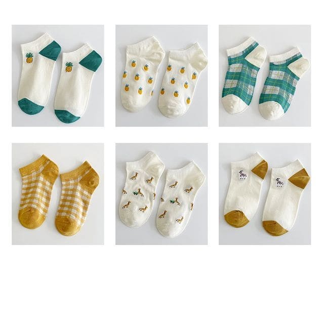 Set Of 6 Pairs: Jacquard Socks - 6 Pairs - Pineapple &