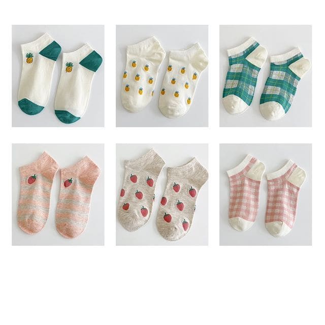 Set Of 6 Pairs: Jacquard Socks - 6 Pairs - Pineapple &