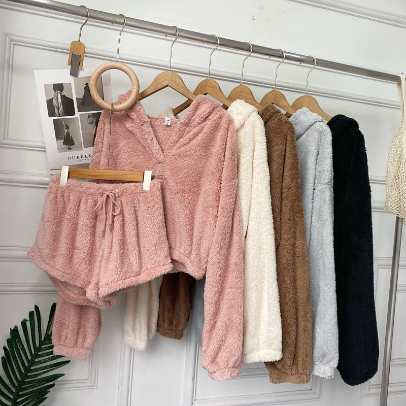 Set: Plain Bear Ear Oversized Hoodie + Elastic Waist Shorts