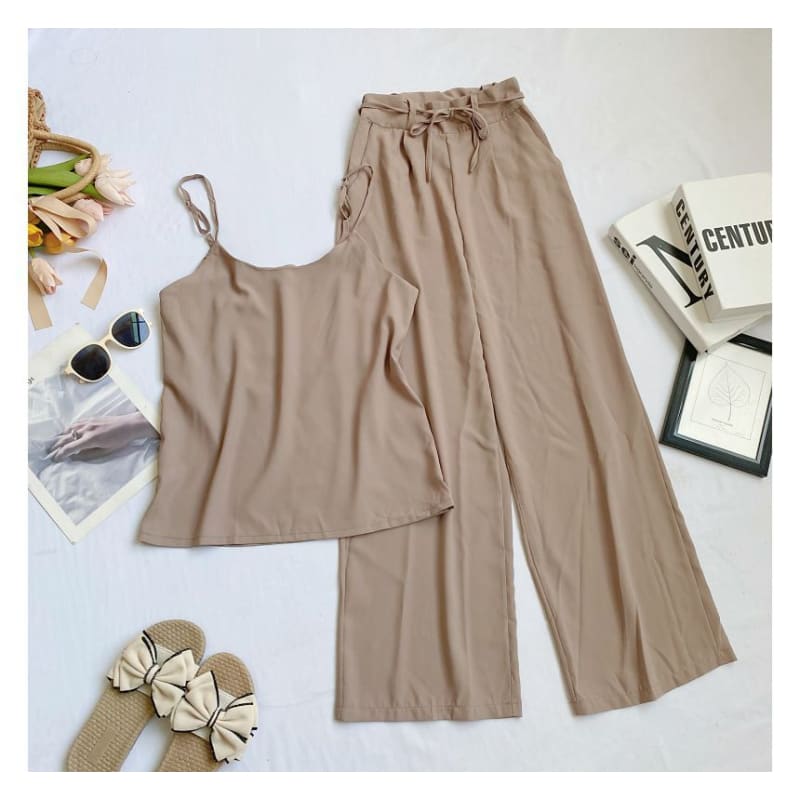 Set: Plain Camisole Top + High Waist Wide Leg Pants