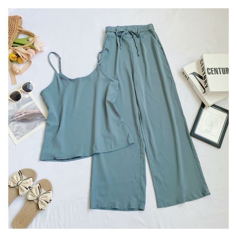 Set: Plain Camisole Top + High Waist Wide Leg Pants